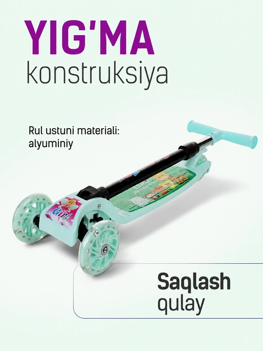 Uch g‘ildirakli bolalar samoketi, g‘ildiraklari yorug‘lanuvchi, rulini sozlash mumkin