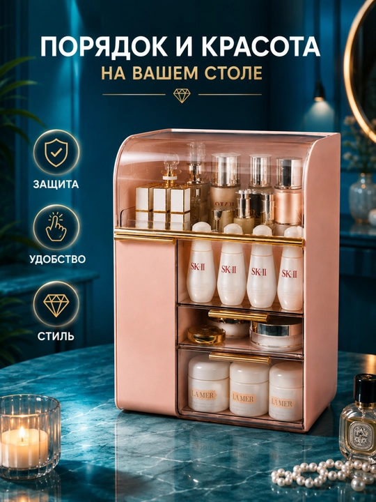 Parfyumeriya va kosmetika uchun organayzer, makiyaj qutisi, 29,5×36,3×18–19 sm