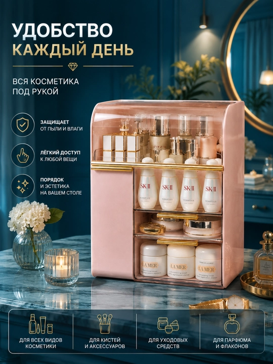 Parfyumeriya va kosmetika uchun organayzer, makiyaj qutisi, 29,5×36,3×18–19 sm