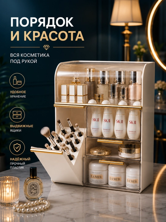 Parfyumeriya va kosmetika uchun organayzer, makiyaj qutisi, 29,5×36,3×18–19 sm