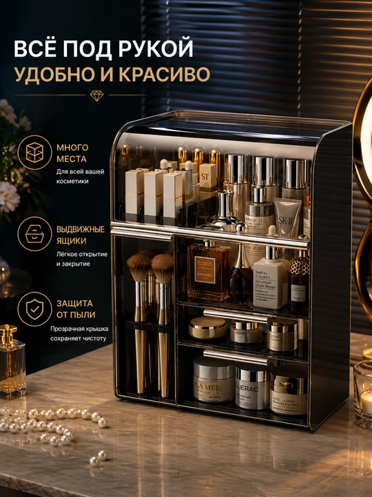 Органайзер для косметики с прозрачной крышкой и выдвижными ящиками