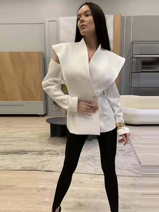 Ayollar pidjagi, klassik kostyum, ish, maktab, ofis uchun uzaytirilgan jaket, oq, qora