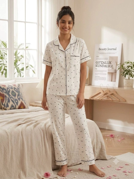 Ayollar uchun 3 talik paxtali pijama komplekti – ko'ylak, uzun shim va shortik