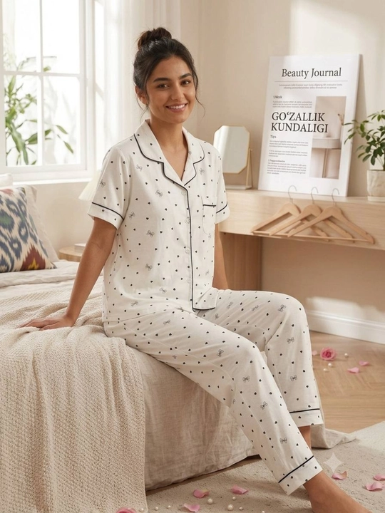 Ayollar uchun 3 talik paxtali pijama komplekti – ko'ylak, uzun shim va shortik