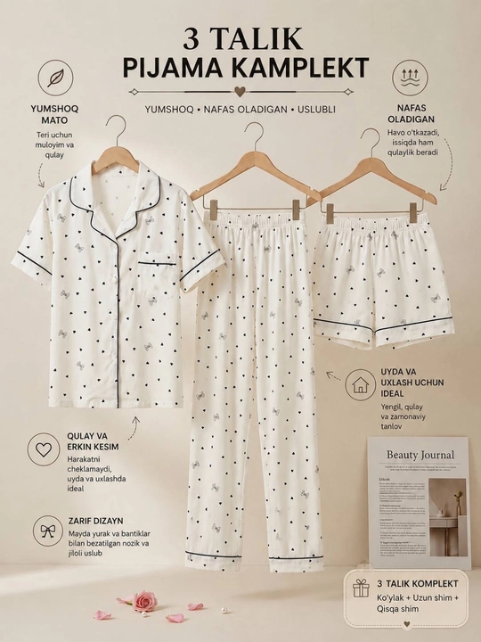 Ayollar uchun 3 talik paxtali pijama komplekti – ko'ylak, uzun shim va shortik