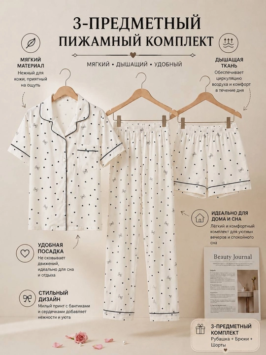 Ayollar uchun 3 talik paxtali pijama komplekti – ko'ylak, uzun shim va shortik