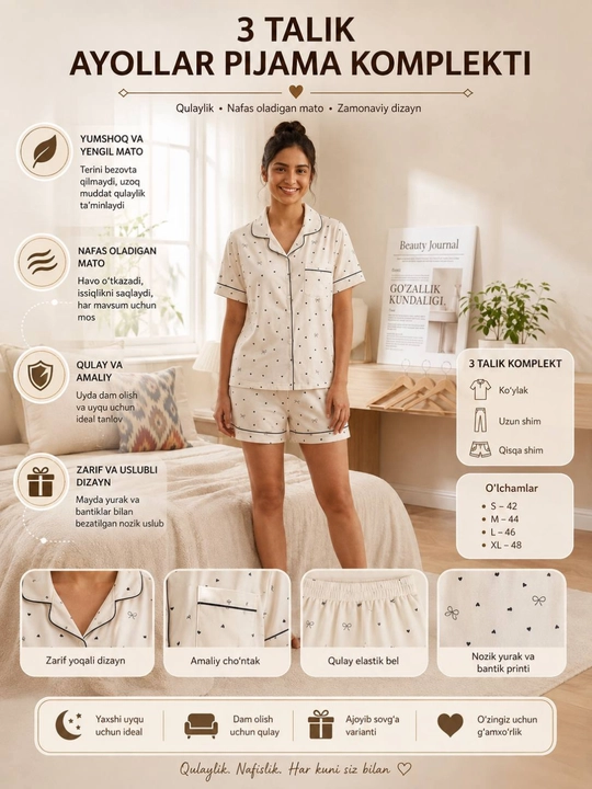 Ayollar uchun 3 talik paxtali pijama komplekti – ko'ylak, uzun shim va shortik