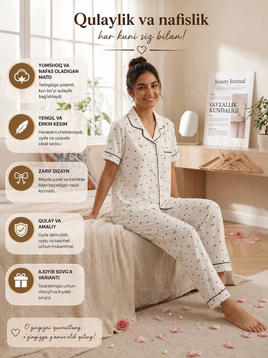 Ayollar uchun 3 talik paxtali pijama komplekti – ko'ylak, uzun shim va shortik