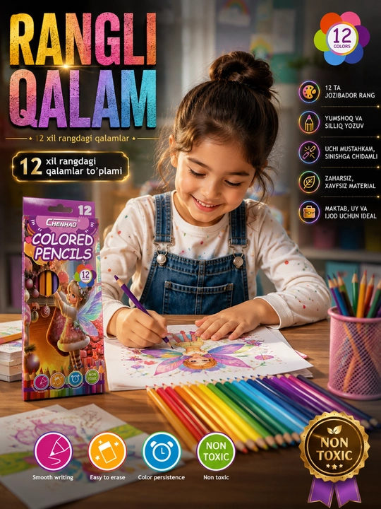 Rangli qalamlar, 12 xil rangda, rasm chizish uchun