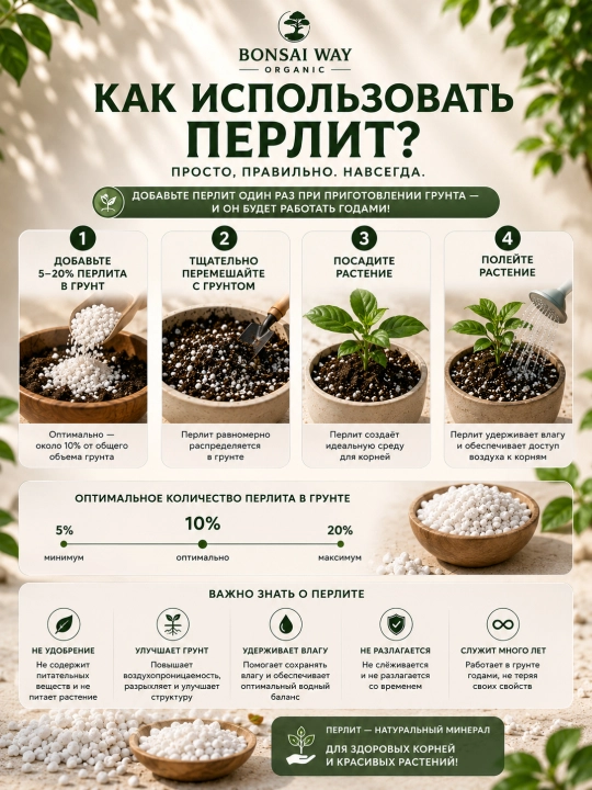 Перлит (агроперлит) Bonsai Way Organic, фракция 2–5 мм, для комнатных растений и рассады