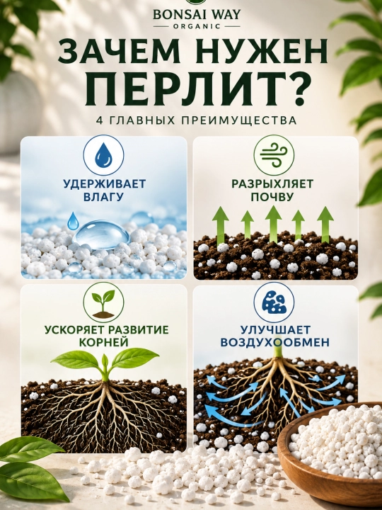 Перлит (агроперлит) Bonsai Way Organic, фракция 2–5 мм, для комнатных растений и рассады