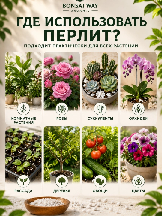 Перлит (агроперлит) Bonsai Way Organic, фракция 2–5 мм, для комнатных растений и рассады