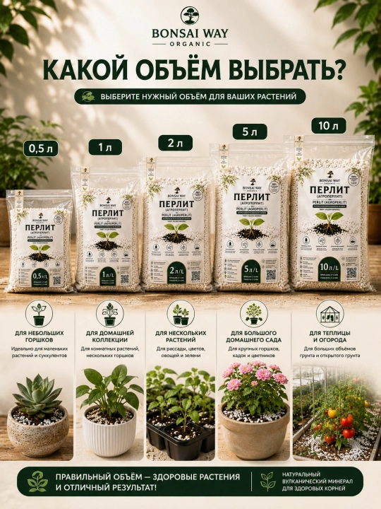 Перлит (агроперлит) Bonsai Way Organic, фракция 2–5 мм, для комнатных растений и рассады