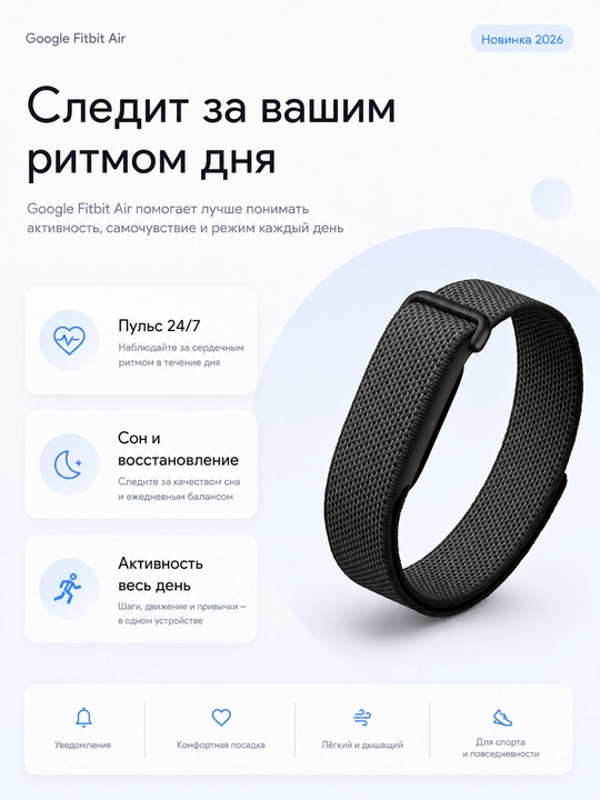 Фитнес-трекер Google Fitbit Air, без подписок, пульс 24/7, SpO2, 7 дней