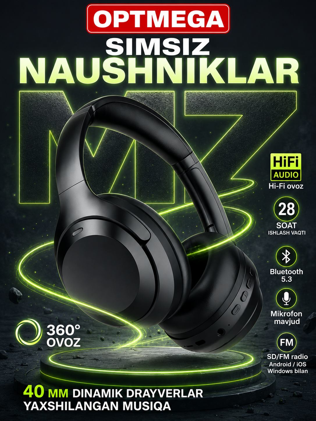Simsiz quloqchin Bluetooth – to‘liq o‘lcham, mikrofonli, SD karta va radio C2235 - 