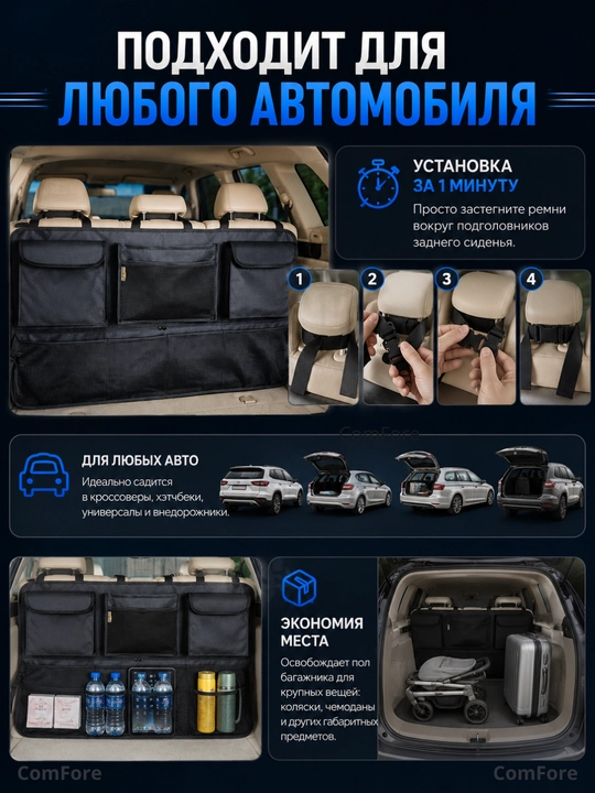 Органайзер в багажник автомобиля 100×52 см на заднее сиденье, сумка в машину для хранения