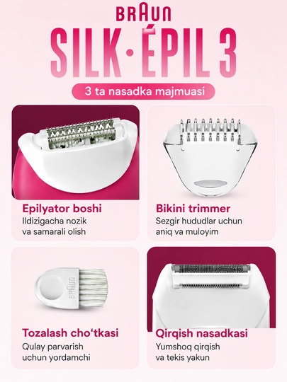 Braun Silk-épil 3 SE3032 epilatori, soqol olish moslamasi va trimmer biriktirmasi bilan