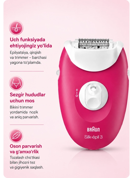 Braun Silk-épil 3 SE3032 epilatori, soqol olish moslamasi va trimmer biriktirmasi bilan