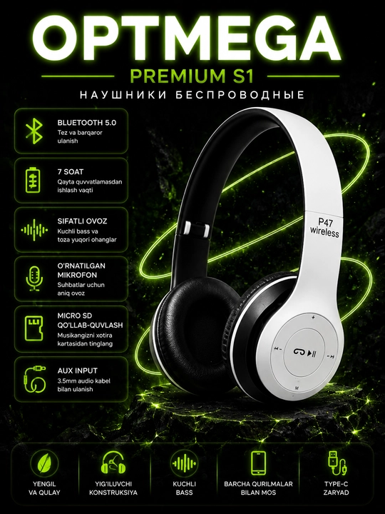 Simsiz quloqchinlar P47, Bluetooth 5.0, yig'iluvchan, mikrofon bilan, shovqinsiz - 