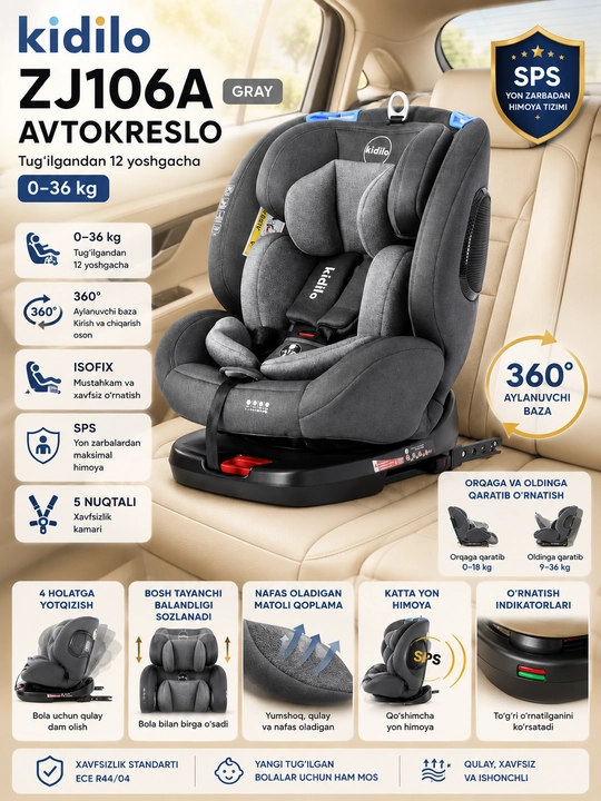 Avtokreslo Kidilo Isofix, 0-12 yoshgacha - 