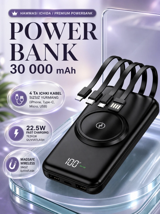 Simsiz zaryadlovchi power bank, zamonaviy dizayn, 4 ta kabel bilan - 