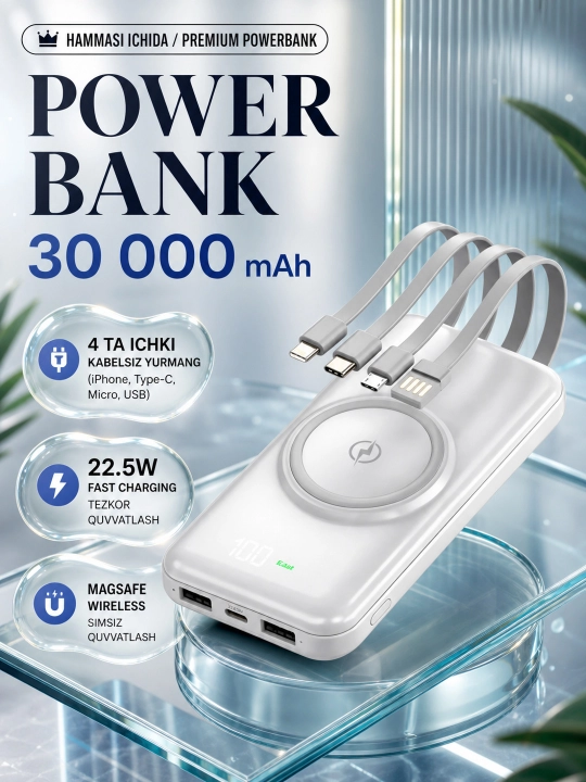 Simsiz zaryadlovchi power bank, zamonaviy dizayn, 4 ta kabel bilan - 