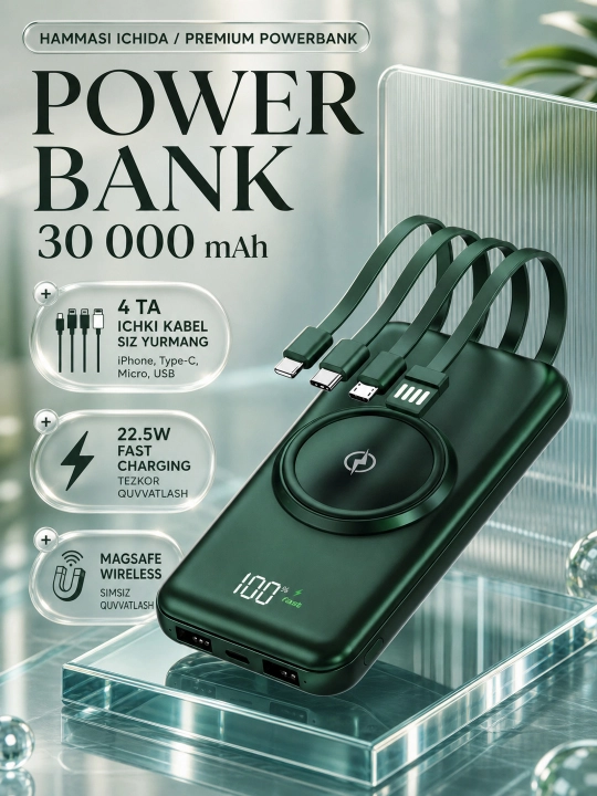 Simsiz zaryadlovchi power bank, zamonaviy dizayn, 4 ta kabel bilan - 