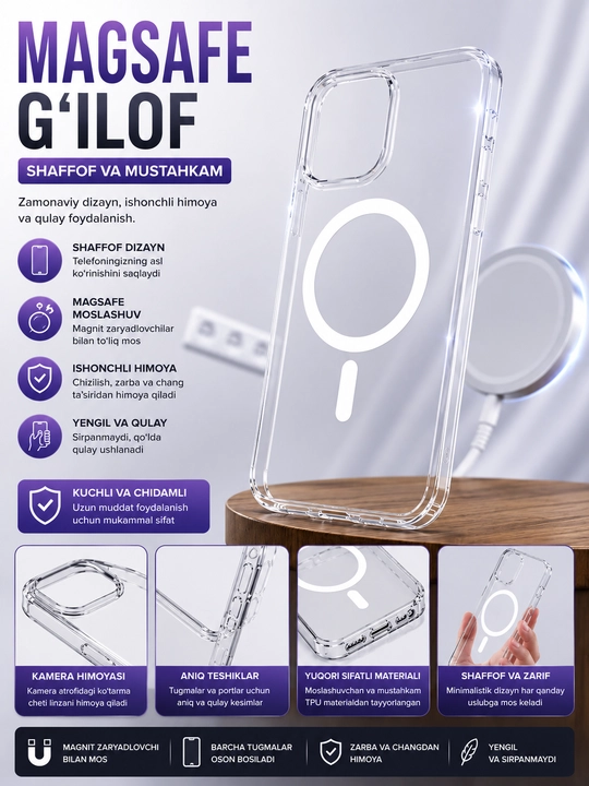 MagSafe magnitli shaffof telefon g‘ilofi