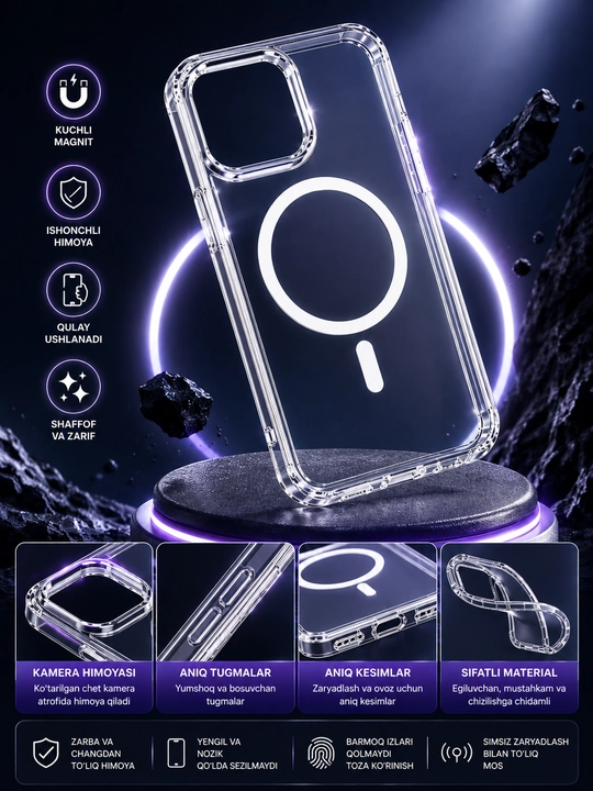 MagSafe magnitli shaffof telefon g‘ilofi