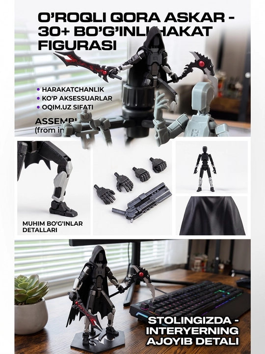 Stol usti figurkasi O'roqli qora askar (Grim Reaper) suvener, interyer va kolleksiya uchun