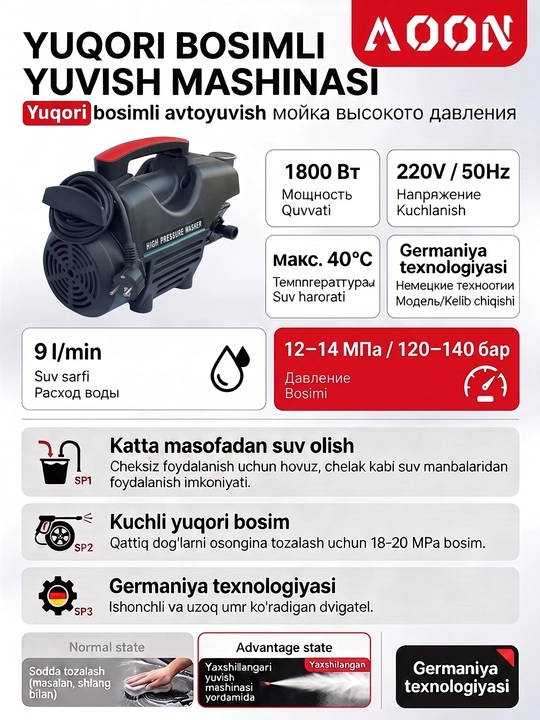 Yuqori bosimli yuvish moslamasi MOON 1800W, avto moyka