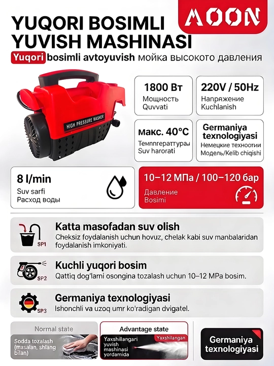 Yuqori bosimli yuvish moslamasi MOON 1800W, avto moyka