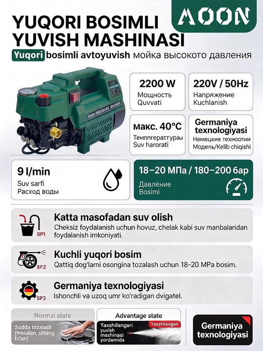 MOON M7 2200 Vt quvvatli yuqori bosimli avtomobil yuvish mashinasi, avtomobillarni yuvish uchun