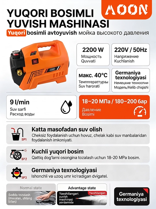MOON M7 2200 Vt quvvatli yuqori bosimli avtomobil yuvish mashinasi, avtomobillarni yuvish uchun