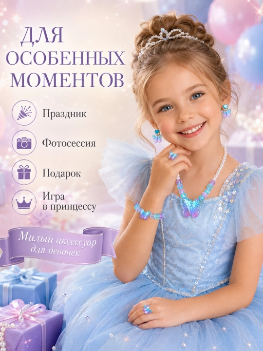 Набор украшений для девочек, 4 в 1: ожерелье, серьги, кольцо, браслет, акрил бабочка, подарок
