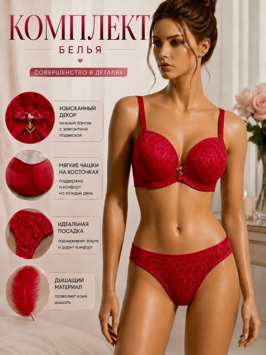 Комплект женского белья Push Up, бюстгальтер и трусики, кружевной, на косточках - 