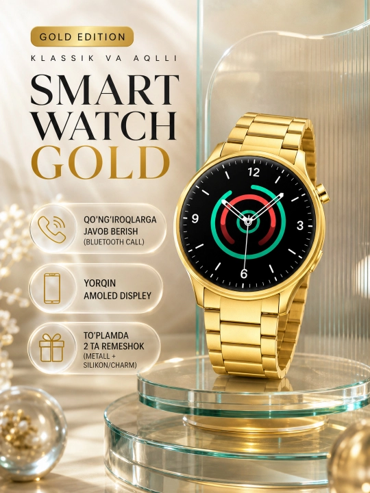 Смарт-часы мужские Gold Edition 2026, AMOLED экран, 2 ремешка - 