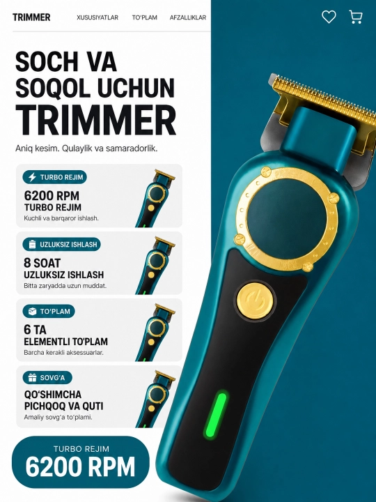 Trimmer soch va soqol uchun T-Blade 2026, turbo rejim, 6 ta nasadka