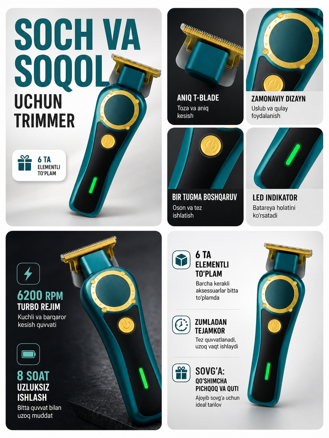 Trimmer soch va soqol uchun T-Blade 2026, turbo rejim, 6 ta nasadka