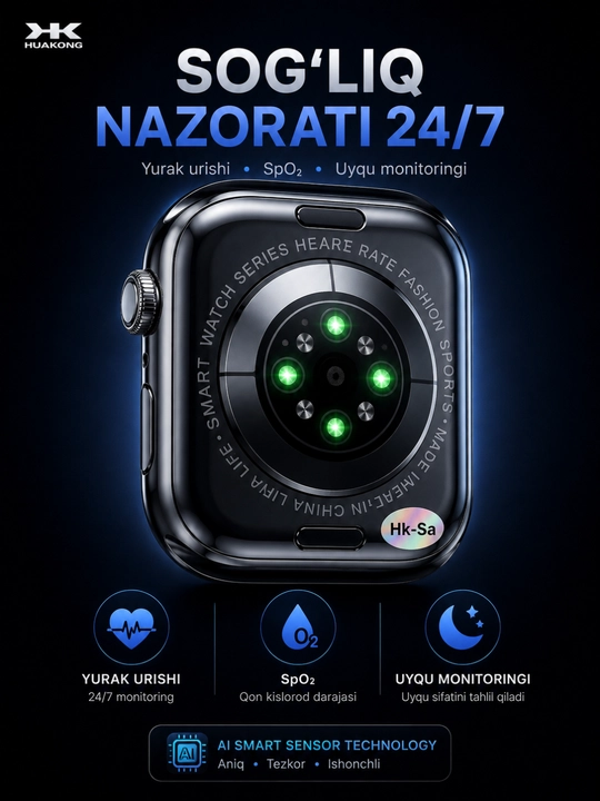 Smart soat HUAKONG HK11 Pro Max, Bluetooth, IP11, yurak urishi, SpO₂, Android va iPhone