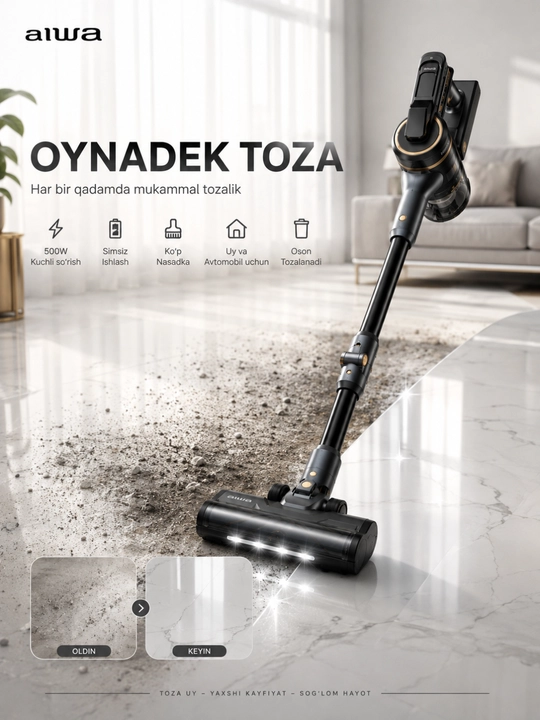 500 W simsiz vertikal changyutgich, 2200 mA·soat batareya, 0,8 litr chang idishi