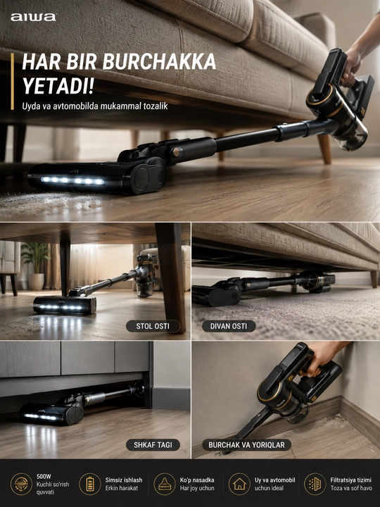 500 W simsiz vertikal changyutgich, 2200 mA·soat batareya, 0,8 litr chang idishi