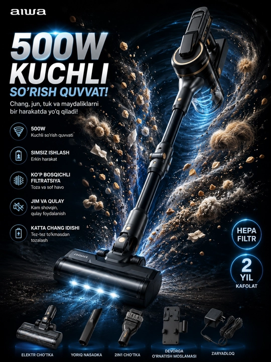 500 W simsiz vertikal changyutgich, 2200 mA·soat batareya, 0,8 litr chang idishi