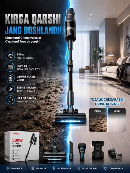 500 W simsiz vertikal changyutgich, 2200 mA·soat batareya, 0,8 litr chang idishi