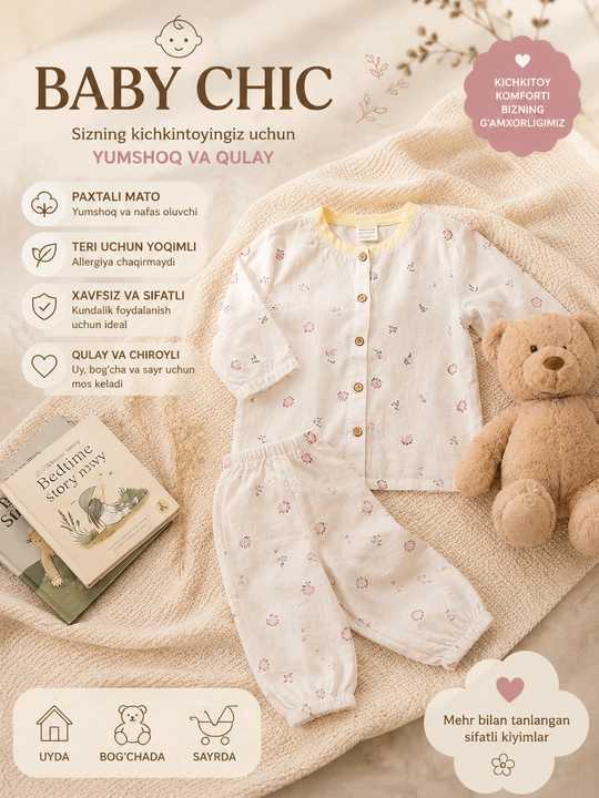 Baby Chic bolalar uchun paxtali uzun yengli pijama to‘plami - 