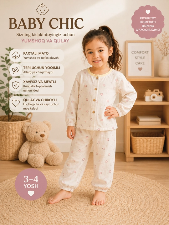 Baby Chic bolalar uchun paxtali uzun yengli pijama to‘plami