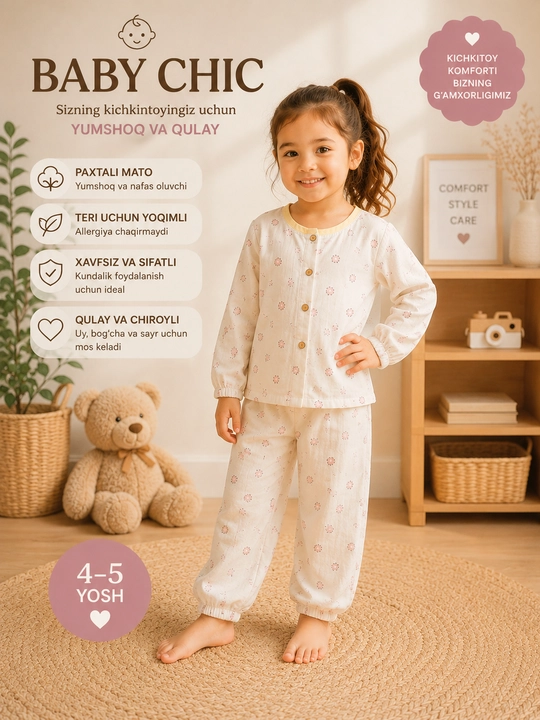 Baby Chic bolalar uchun paxtali uzun yengli pijama to‘plami
