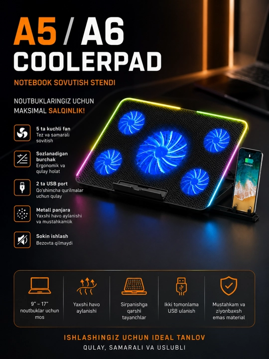 Охлаждающая подставка A5/A6 CoolerPad для ноутбука 9–17", 5 вентиляторов, RGB, USB - 