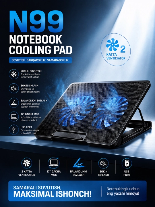 USB Cooling Pad для ноутбуков до 17" – Подставка с двумя вентиляторами охлаждения - 