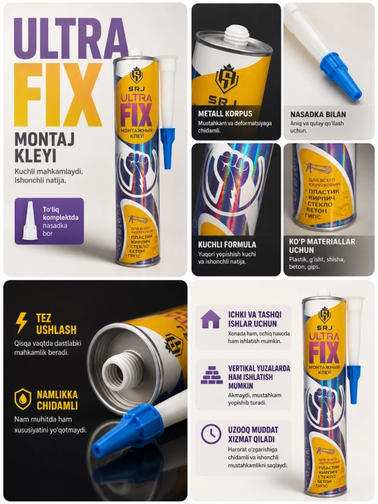 Монтажный клей SRJ ULTRA FIX — прозрачный, каучуковый, универсальный клей, 330мл, 315грм - 